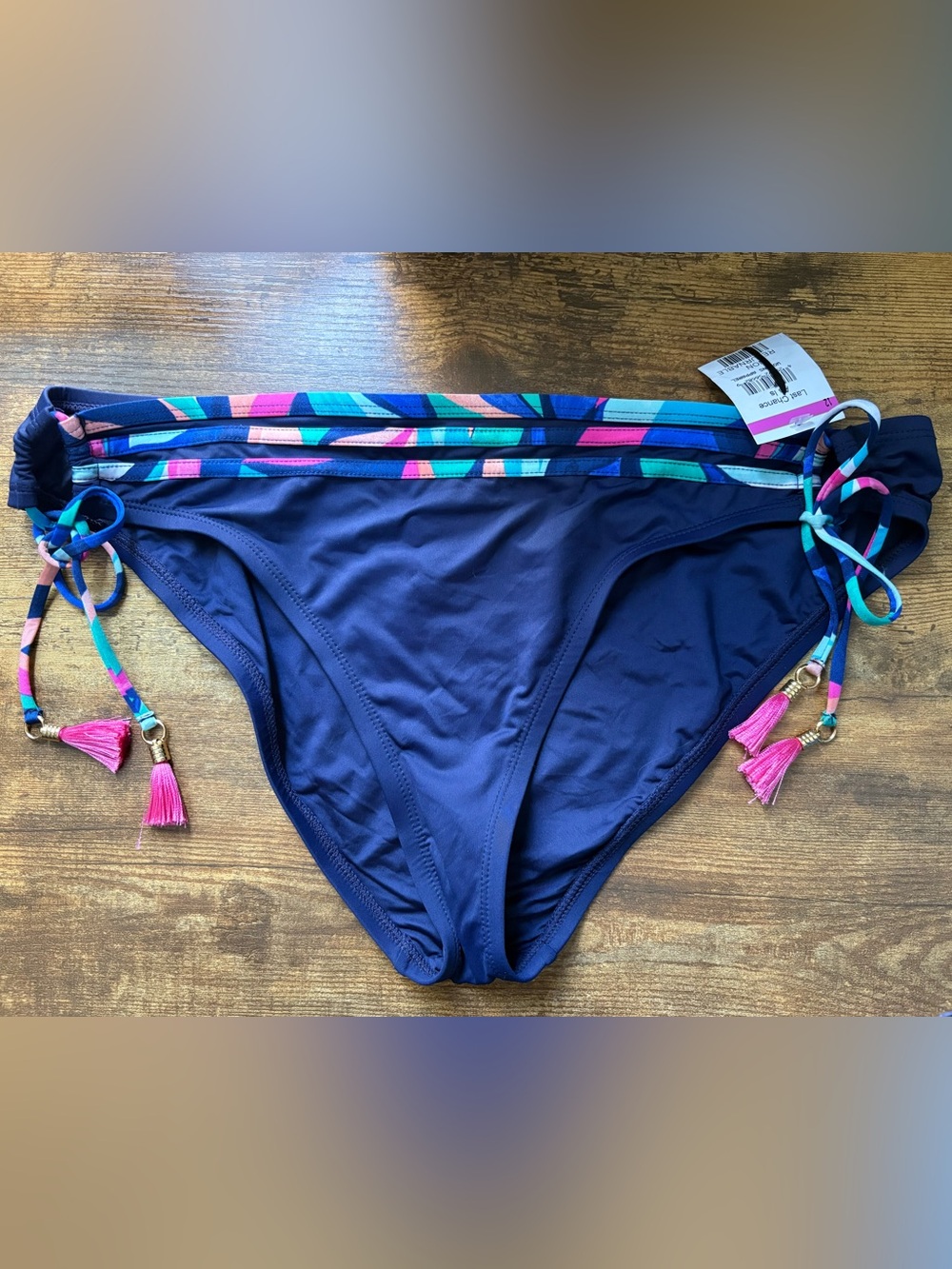 La Blanca Navy Blue Women's Swim Bikini Bottom with Adjustable Side Ties Tassels